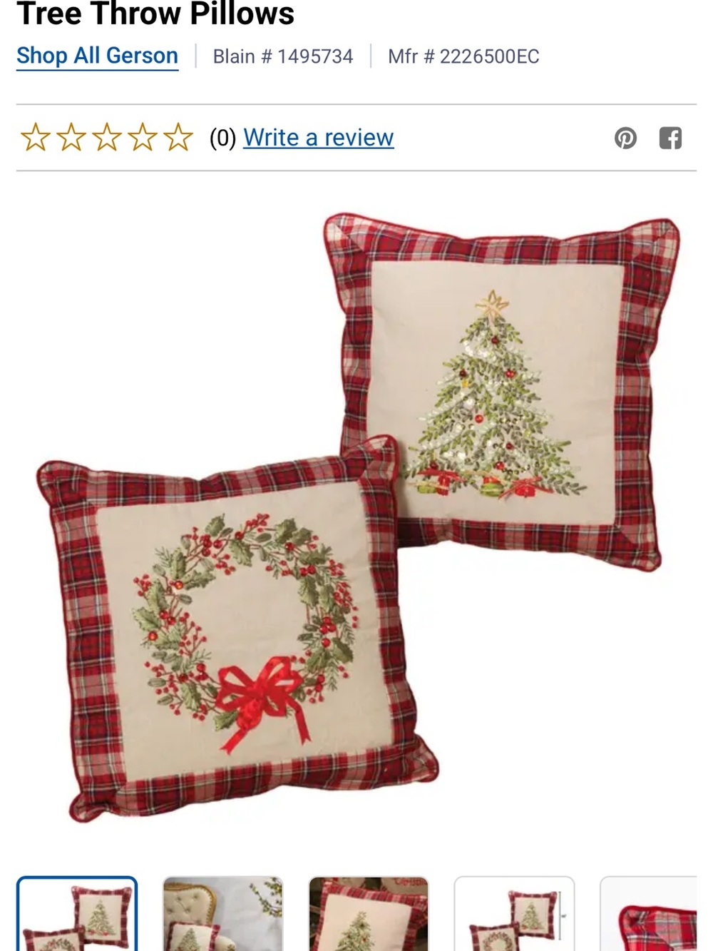 NWT Red Plaid Holiday Throw Pillow Set - Christmas Tree & Wreath